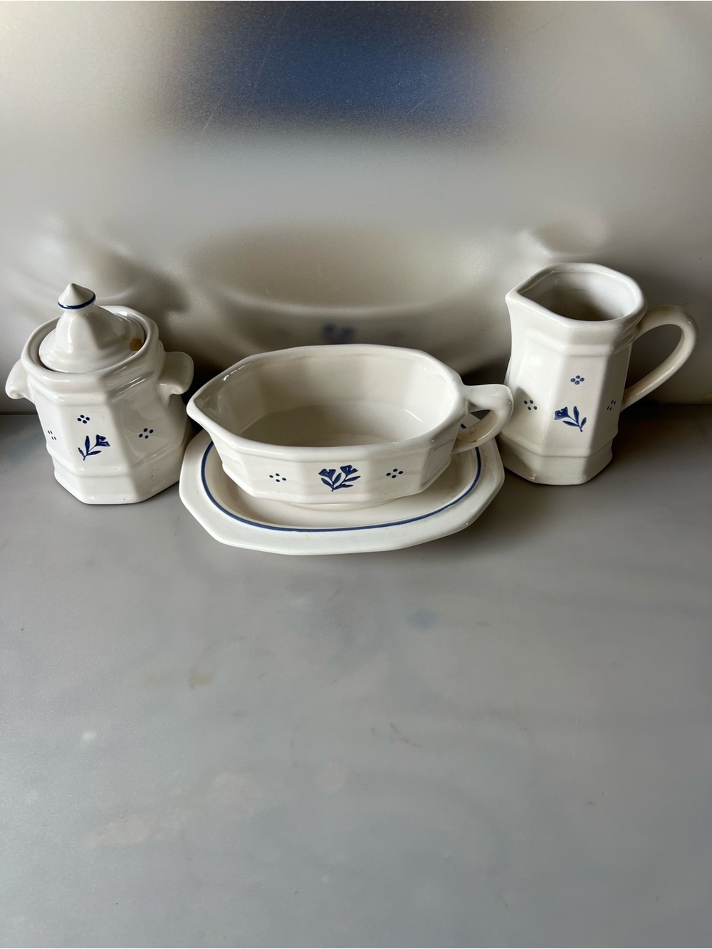 Pfaltzgraff HERITAGE WHITE GRAVY BOAT with UNDER PLATE CREAMER and SUGAR BOWL